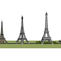 Multiple Eiffel Tower Replicas with Various Designs Displayed on Green Lawn 3d model