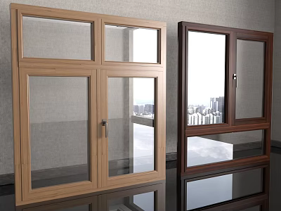 Stylish Casement Windows With Wooden Frames Light Dark Colors Transparent Glass And City View 3d model