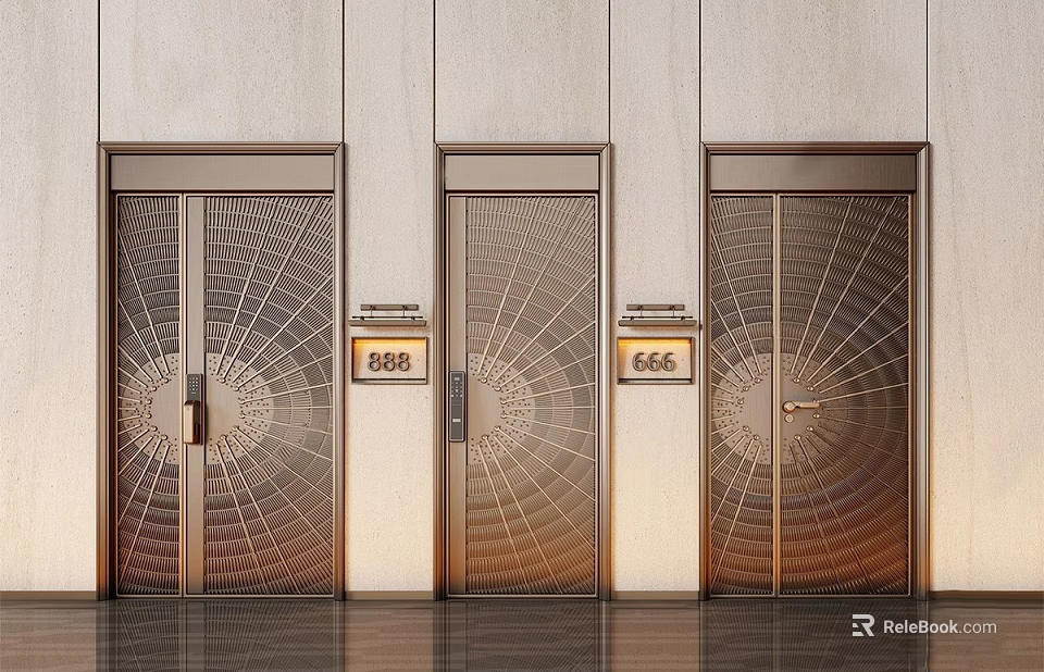 Three Luxury Entrance Gates Ornate Metal Design 888 666 Number Plates Light Wall Dark Floor 3d model 