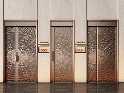Three Luxury Entrance Gates Ornate Metal Design 888 666 Number Plates Light Wall Dark Floor 3d model