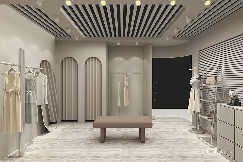 Neutral Gray Clothing Store Interior With Arched Doors Bench And Wooden Slats Ceiling 3d model 
