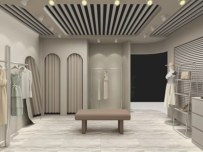 Neutral Gray Clothing Store Interior With Arched Doors Bench And Wooden Slats Ceiling 3d model
