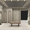Neutral Gray Clothing Store Interior With Arched Doors Bench And Wooden Slats Ceiling