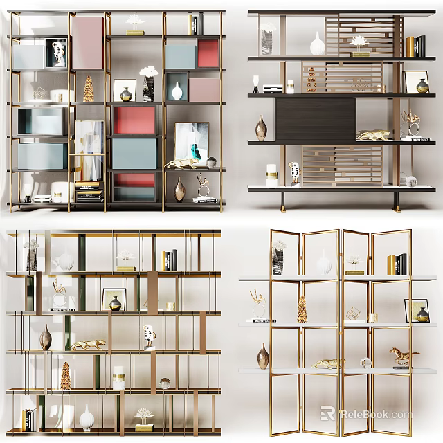 Modern Multi tiered Display Shelving Unit with Gold Metal Frame and Decorative Items 3d model 