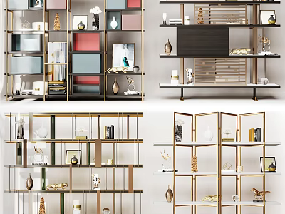Modern Multi tiered Display Shelving Unit with Gold Metal Frame and Decorative Items 3d model