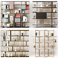 Modern Multi tiered Display Shelving Unit with Gold Metal Frame and Decorative Items 3d model