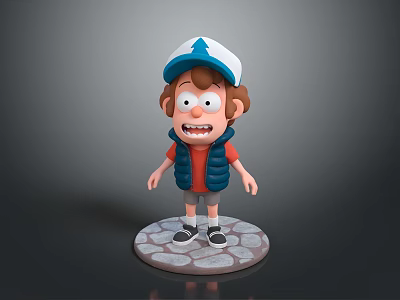 Cartoon Man Standing With Blue And White Cap Red T-shirt Blue Vest On Stone Base 3d model
