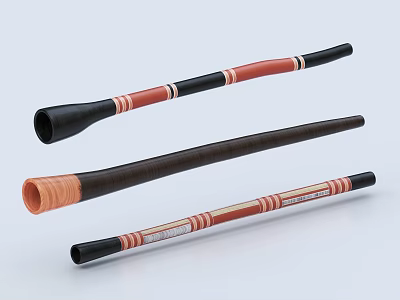 Three Decorative Musical Instruments with Artistic Striped Patterns and Wooden Tones 3d model