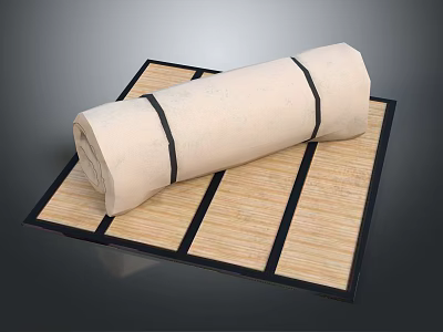 Natural Bamboo Strip Mat With Rolled Beige Cover And Black Border Design 3d model