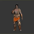 Muscular Bare Chested Warrior in Orange Brown Decorative Armor With Red Handle Weapon 3d model