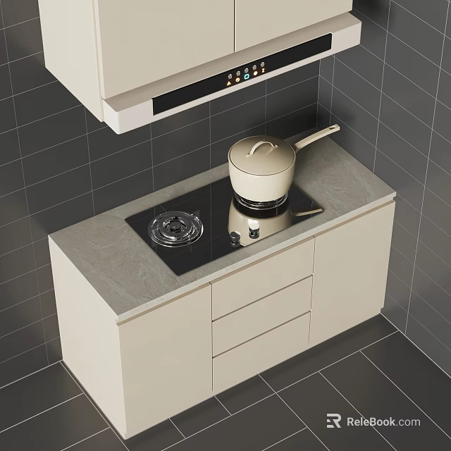 Modern Kitchen Countertop With Stove Pot And Cabinets On Tiled Wall 3d model