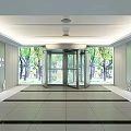 Modern Front Desk Reception Lobby With Revolving Door Green Trees Outside And Mountain Wall Decor