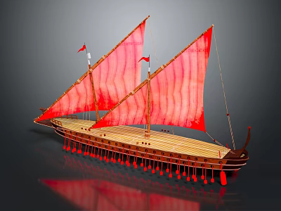 Traditional Wooden Boat With Red Sails Two Masts And Red Tassel Decorations 3d model