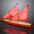 Traditional Wooden Boat With Red Sails Two Masts And Red Tassel Decorations
