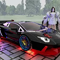 Black Sports Car With Colorful Wheels Red Decal Female With Wings And Green Trees Background