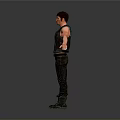 A Shirtless Man Wearing Black Sleeveless Vest And Pants With Arms Outstretched Against Gray Background