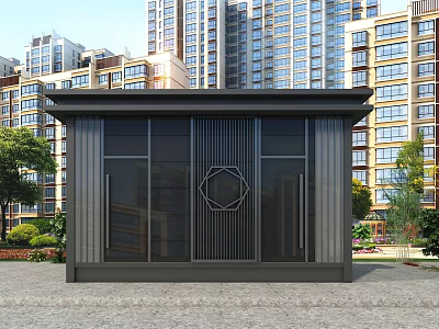 Modern Security Booth With Glass Doors And High Rise Building Background 3d model