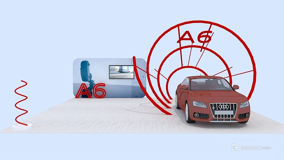 Modern Exhibition Shelves Displaying Red A6 Car With Curved Red Design 3d model 