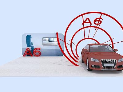 Modern Exhibition Shelves Displaying Red A6 Car With Curved Red Design 3d model