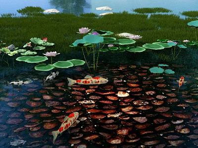 Lotus Pond Garden Landscape With Koi Fish Lily Pads And Lotus Flowers 3d model