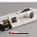 White Striped Sectional Sofa With Dark Decorative Pillows And Side Table With Lamp Fruits