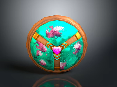 Decorative Circular Artifact With Brown Outer Frame Green Base Pink Floral Patterns And Central Pink Gemstone 3d model