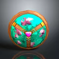 Decorative Circular Artifact With Brown Outer Frame Green Base Pink Floral Patterns And Central Pink Gemstone