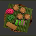 Colorful Desserts With Sesame Round Balls Square Cakes On Wooden Tray With Green Leaves