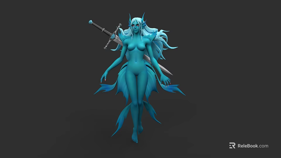 Blue Horned Woman with Long Flowing Hair Fishlike Fins Holding Sword Fantasy 3d model 