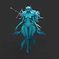 Blue Horned Woman with Long Flowing Hair Fishlike Fins Holding Sword Fantasy
