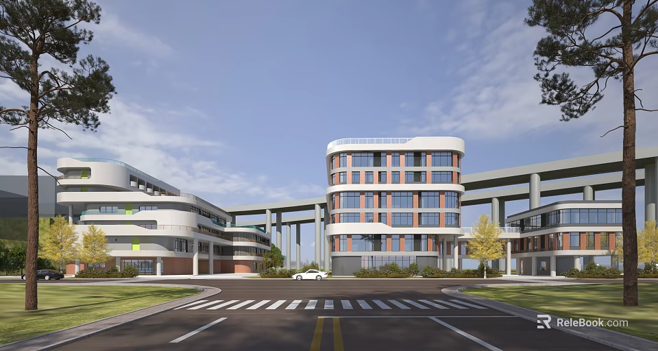 Modern School Building with Curved Glass Facade Connecting Overpass Green Lawns and Campus Road 3d model 