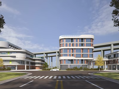 Modern School Building with Curved Glass Facade Connecting Overpass Green Lawns and Campus Road 3d model