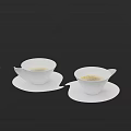 Two White Tea Cups With Saucers Holding Light Colored Tea Against Black Background 3d model