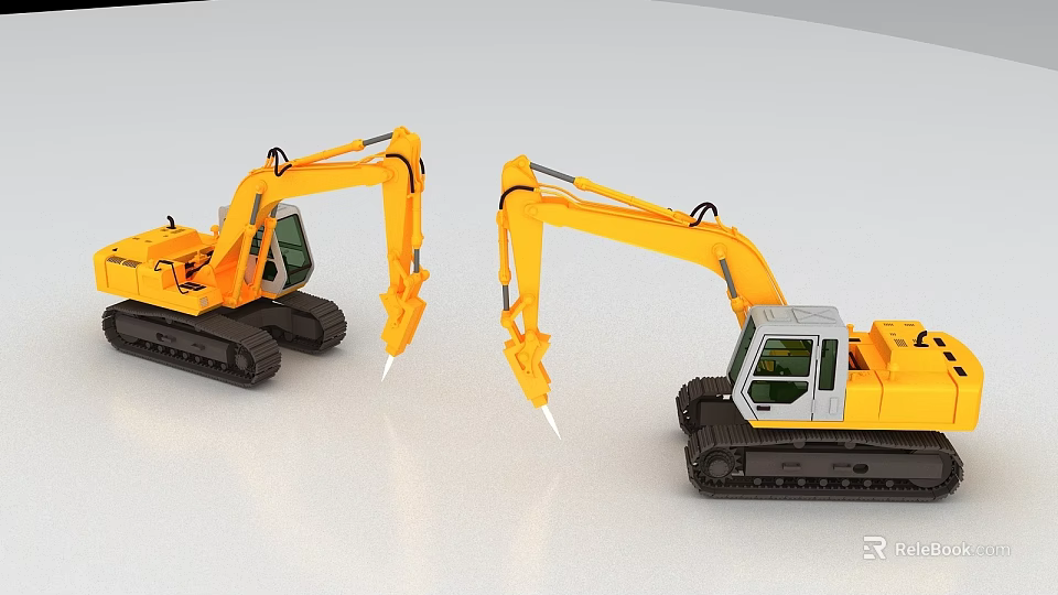 Yellow Crawler Excavators With Long Arms And Front Tools As Functional Vehicles 3d model 