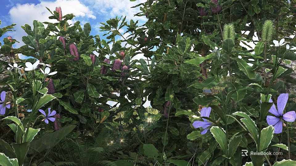 Lush Green Shrubs With Vibrant Purple Flowers And Sunlit Foliage In Garden 3d model 
