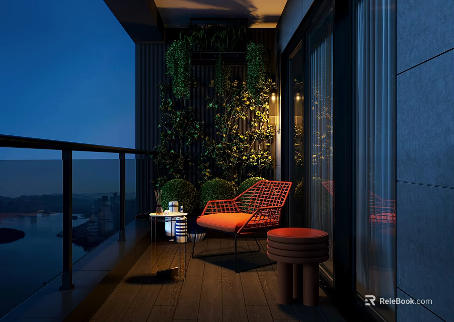 Cozy Balcony Garden With Orange Chair Green Plants Night View And Wooden Floor Design 3d model 