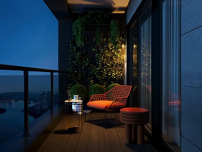 Cozy Balcony Garden With Orange Chair Green Plants Night View And Wooden Floor Design 3d model