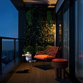 Cozy Balcony Garden With Orange Chair Green Plants Night View And Wooden Floor Design