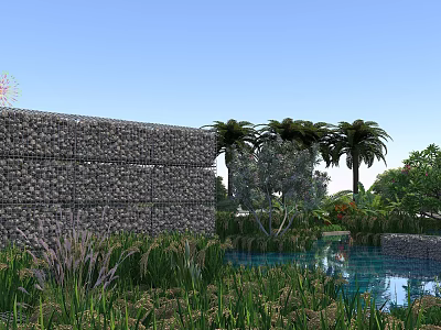 Stunning Tropical Garden Landscape With Gabion Wall Lush Green Plants And Clear Still Water Pool 3d model