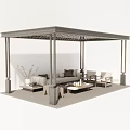 Modern Outdoor Pergola with Sofa Chairs Coffee Tables in Patio Living Space