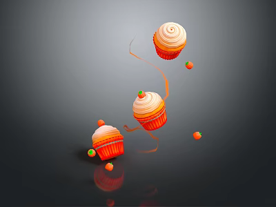 Floating Decorated Cupcakes With Orange Cream Topping And Small Fruit On Dark Background With Reflections 3d model