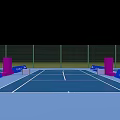 Multiple Blue Sports Courts With Pink Net Posts Green Fencing And White Building