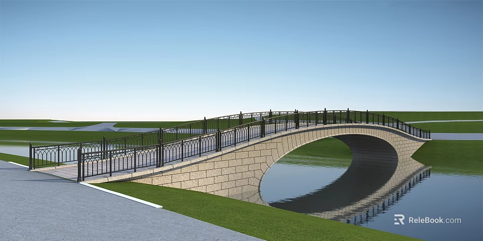 Arched Stone Bridge With Black Railing Green Grass And Reflection On Water 3d model 