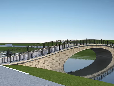 Arched Stone Bridge With Black Railing Green Grass And Reflection On Water 3d model