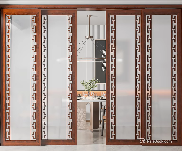 Brown Frame Geometric Pattern Glass Sliding Doors Separating Modern Dining Room and Kitchen Area 3d model