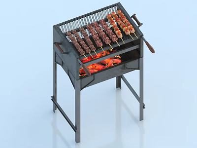 Outdoor Charcoal Grill With Meat Skewers And Burning Coals For Barbecue 3d model