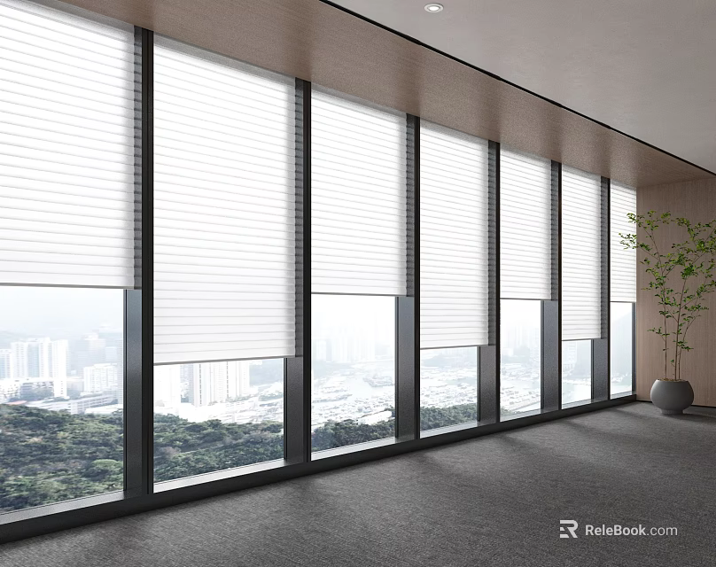 Spacious Room With Floor To Ceiling Windows White Blinds And Scenic View 3d model 