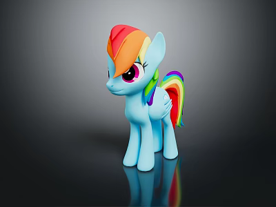 Blue Game And Movie Character With Rainbow Mane Tail Pink Eyes Standing On Black Background 3d model