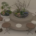 Booth Sofa With Round Display Platform Green Plants Small Round Tables And Chairs