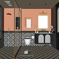 Other Bathroom Interior Design With Red Walls Geometric Pattern Tiles Glass Shower And Black Vanity